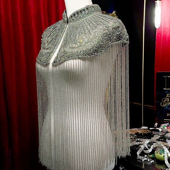 Silver Sequin Fringe Cape, Rhinestone Shawl, Luxury Beaded Cape, Festival Outfit - Picture 6 of 13